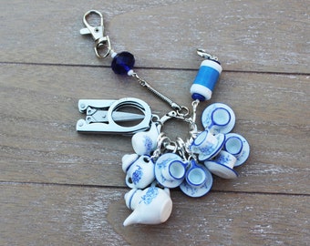 Knitter's Chatelaine: Miniature Porcelain Tea Set - Stitch Markers, Row Counter & Folding Scissors on a Decorative Clasp