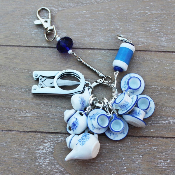 Knitter's Chatelaine: Miniature Porcelain Tea Set - Stitch Markers, Row Counter & Folding Scissors on a Decorative Clasp