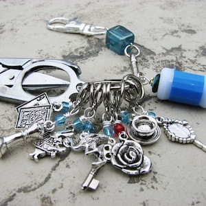 Knitter&#39;s Chatelaine: Alice in Wonderland- Stitch Markers, Row Counter & Folding Scissors on a Decorative Clasp