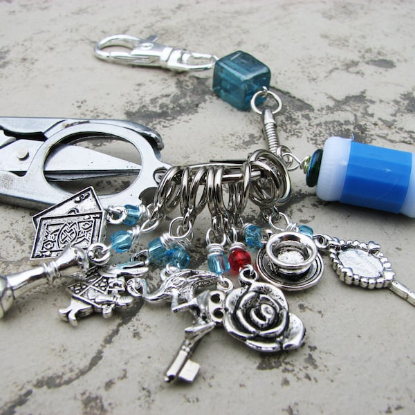 Knitter's Chatelaine: Alice in Wonderland- Stitch Markers, Row Counter & Folding Scissors on a Decorative Clasp