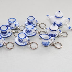 Tiny Blue and White China Tea Set Non-Snag Stitch Markers image 1