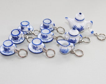 Tiny Blue and White China Tea Set Non-Snag Stitch Markers