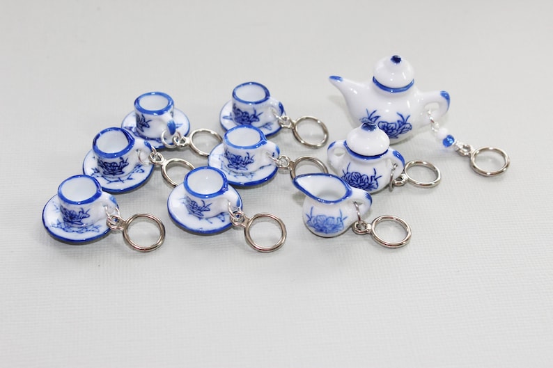 Tiny Blue and White China Tea Set Non-Snag Stitch Markers image 1