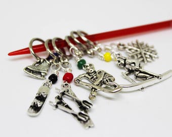 Winter Sports - Non-Snag Stitch Markers with Skier, Skates, Snowboard, Hockey