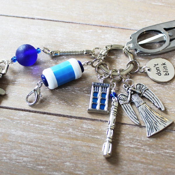 Doctor Who and Weeping Angel Chatelaine with Non-Snag Stitch Markers, Row Counter, and Folding Scissors