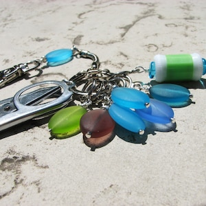 Sea Glass Knitter&#39;s Chatelaine with Non-Snag Stitch Markers, Row Counter & Folding Scissors on a Decorative Clasp