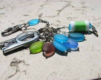 Sea Glass Knitter's Chatelaine with Non-Snag Stitch Markers, Row Counter & Folding Scissors on a Decorative Clasp