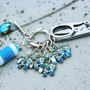Enameled Multicolored Sheep Knitter's Chatelaine with Non-Snag Stitch Markers, Row Counter & Folding Scissors on a Decorative Clasp