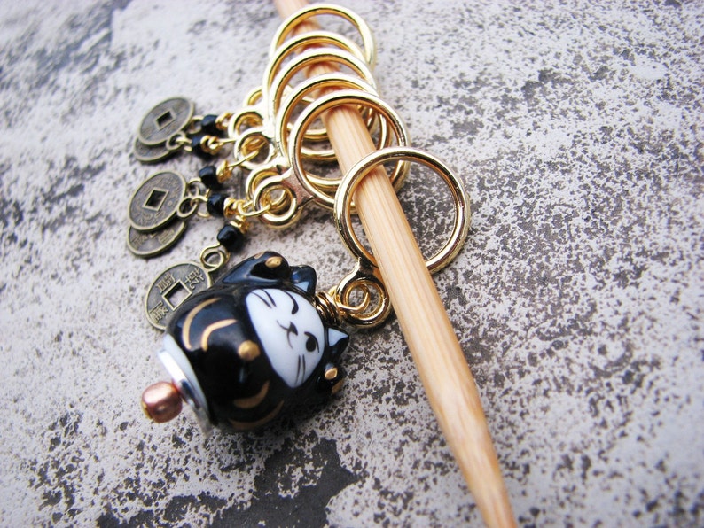 Lucky Black Cat and Coin Non-Snag Stitch Markers image 3