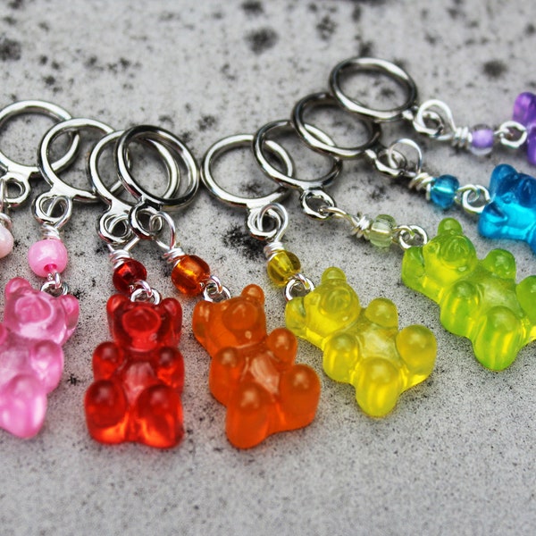 8 Rainbow Gummy Bear Non-Snag Stitch Markers or Progress Keepers