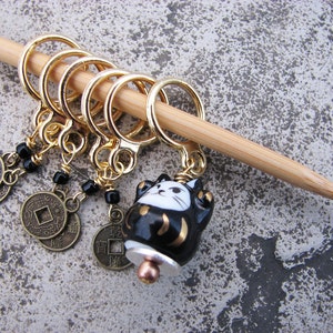 Lucky Black Cat and Coin Non-Snag Stitch Markers image 1