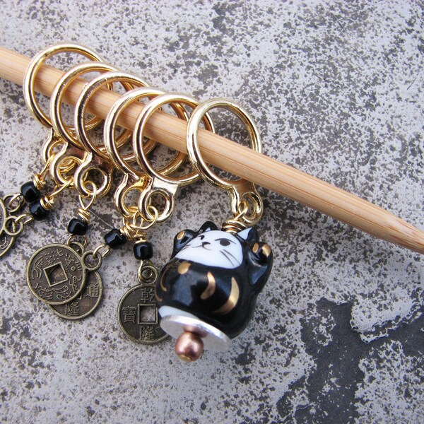 Lucky Black Cat and Coin Non-Snag Stitch Markers