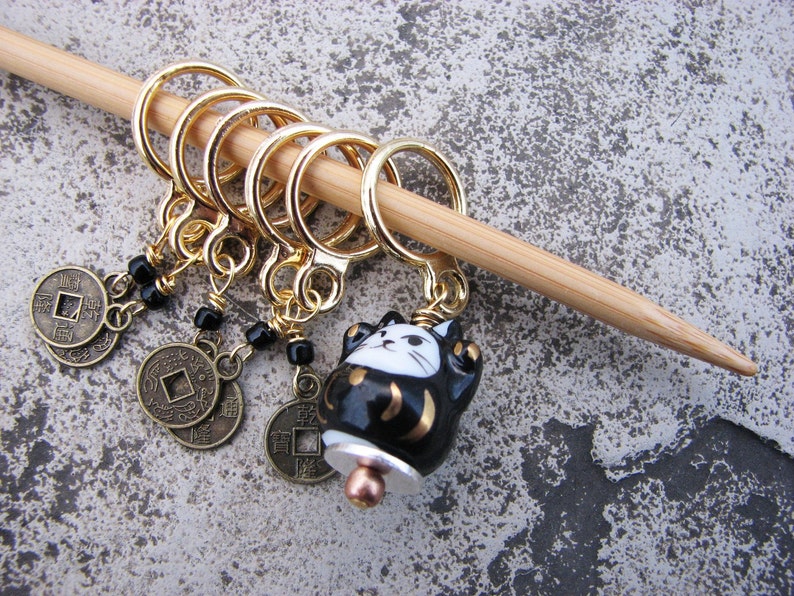 Lucky Black Cat and Coin Non-Snag Stitch Markers image 1