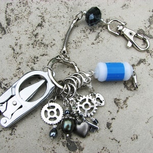 Steampunk Knitter&#39;s Chatelaine with Non-Snag Stitch Markers, Row Counter & Folding Scissors on a Decorative Clasp