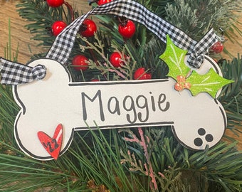 Hand painted Christmas Dog Bone Ornament personalized for you