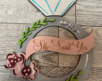 Hand painted Christmas Wedding Ring Ornament "She Said Yes" personalized for you