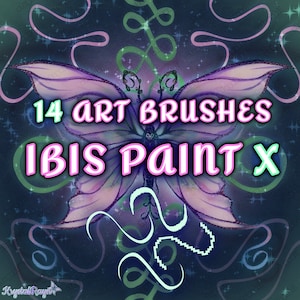 Peut inclure: Une illustration numérique d'un papillon aux ailes roses et violettes sur un fond bleu foncé avec des volutes vertes et roses. Le texte "14 art brushes Ibis Paint X" est écrit en lettres roses et blanches.