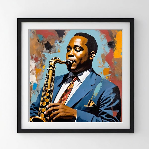 Charlie Parker Printable Wall Art, Jazz Room Decor, Abstract Realism, Canvas Painting, Vintage Blues Saxophone, Digital Download, Music Gift