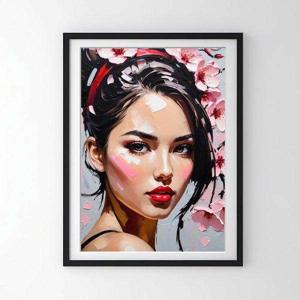 Cherry Blossom Woman Printable Wall Art, Springtime Room Decor, Abstract Realism, Vibrant Digital Download, Vertical Poster Art, Floral Gift
