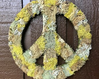 Oregon Green Yellow Silver Lichen and Moss peace symbol wreath