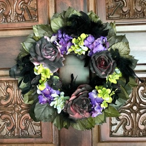 Black purple green Halloween Lemon Leaf Dried Flower Wreath image 1