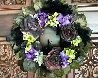 Black purple green Halloween Lemon Leaf Dried Flower Wreath