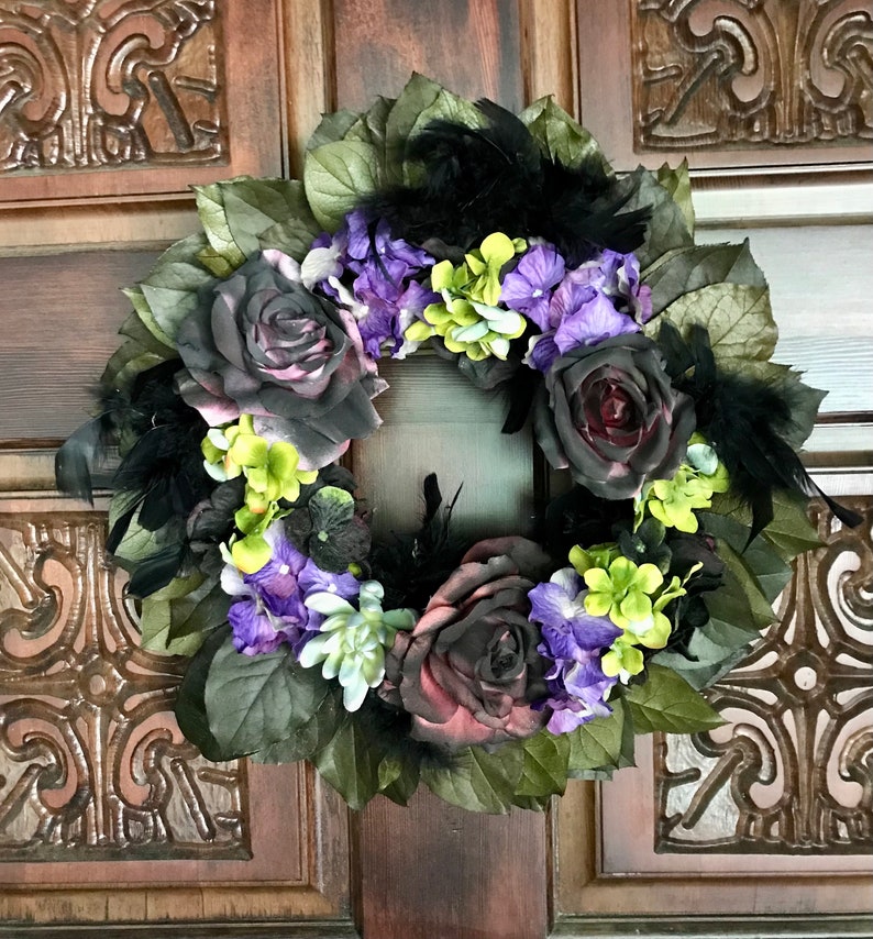 Black purple green Halloween Lemon Leaf Dried Flower Wreath image 1