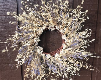 White and Blue Wild Oat and Lavender 20 inch dried flower wreath