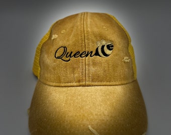 Embroidered “Queen Bee”, Distressed hat, adjustable