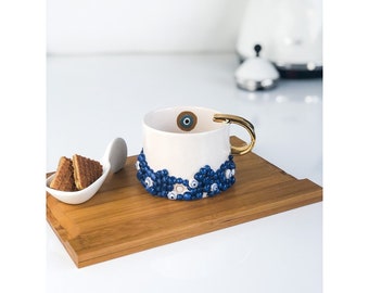 Evil Eye 220 ml Kaffee- und Teetasse, handgefertigte Cappuccino-Tasse, detailliertes Design aus 24 Karat Gold mit zusätzlicher Handarbeit