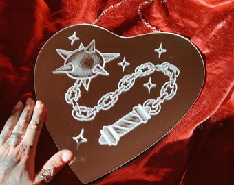 Mace/flail in a heart shaped handmade hand engraved American traditional tattoo style wall decor mirror