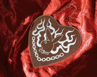 Chain and rose in a heart shaped handmade hand engraved American traditional tattoo style wall decor mirror