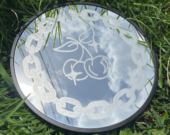 Cherries and chain handmade hand engraved American traditional tattoo style wall decor  mirror