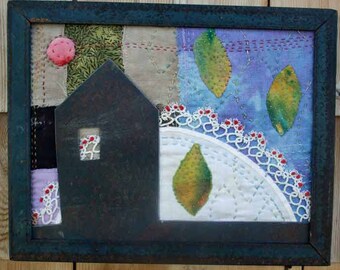 House and Field Winter's Eve Fiber Metal Mixed Media Maine Wall Art Upcycled Fabric Handstitched