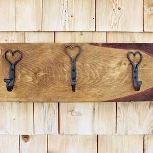 Hand forged heart shaped coat hooks on a wide pine board FREE SHIPPING image 2