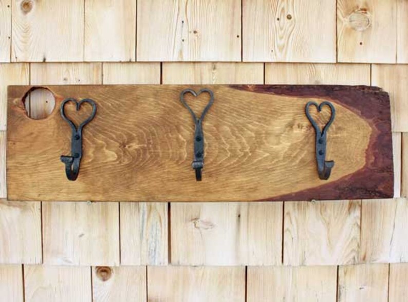 Hand forged heart shaped coat hooks on a wide pine board FREE SHIPPING image 2