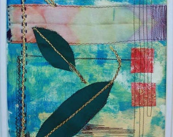 Leaves on Blue Mixed Media gel printed Handstitched Textile Art