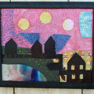 Landscape Mixed Media Metal Fiber Handstitched Sun Vintage Upcycle image 1