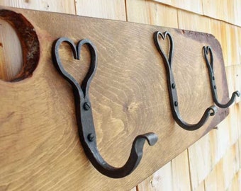 Hand forged heart shaped coat hooks on a wide pine board FREE SHIPPING