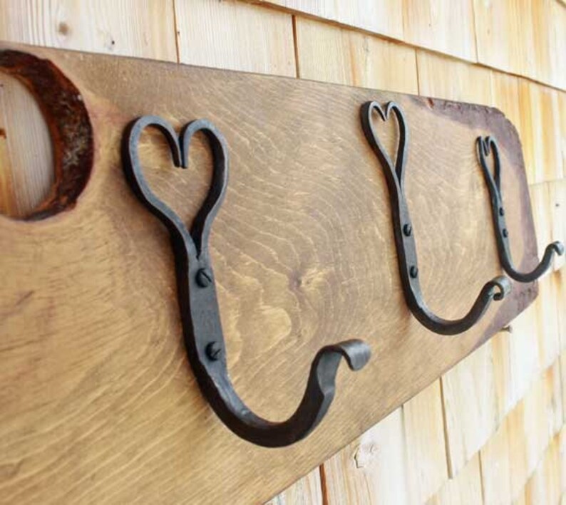 Hand forged heart shaped coat hooks on a wide pine board FREE SHIPPING image 1
