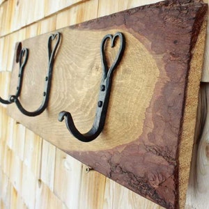 Hand forged heart shaped coat hooks on a wide pine board FREE SHIPPING image 3