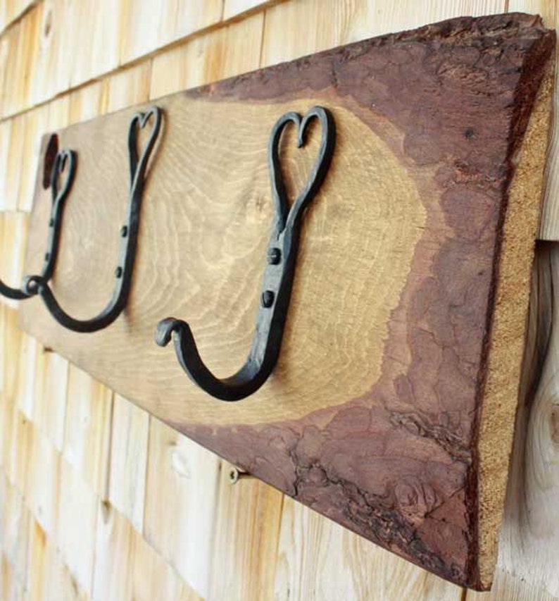 Hand forged heart shaped coat hooks on a wide pine board FREE SHIPPING image 3