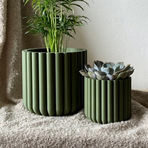 Peut inclure: Deux pots en céramique verts à motif côtelé. Le plus grand pot contient une plante verte feuillue, tandis que le plus petit pot contient une plante succulente.