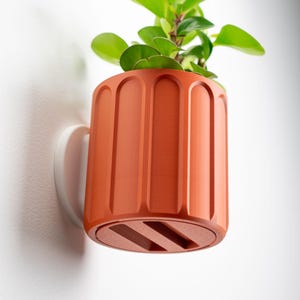 Op de afbeelding: Een terracottakleurige plantenpot met een geribbeld ontwerp, met daarin een kleine groene plant. De pot is bevestigd aan een witte muur met een witte lijm.