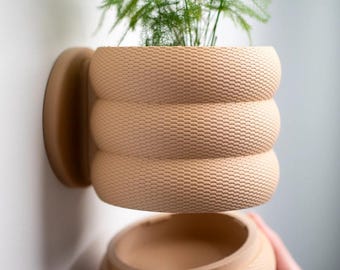 May include: A beige ceramic planter with a textured surface. The planter is divided into three sections and has a removable lid. The planter is mounted to a wall and a green plant is growing inside.