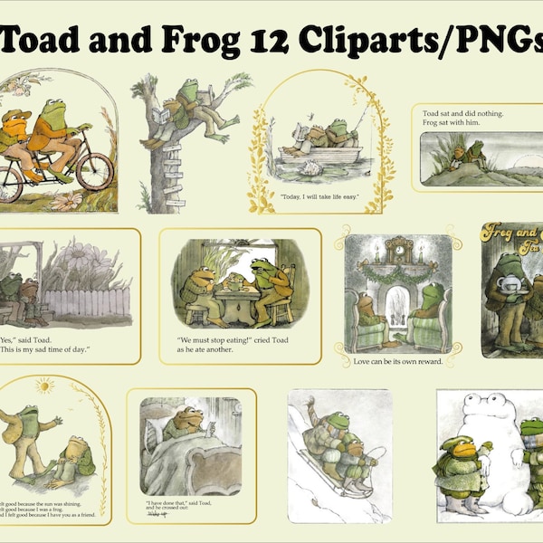 Conjunto de imágenes prediseñadas de rana y sapo, personajes de la historia, PNG transparente, descarga digital, libro de lectura, paquete de ranas, paquete de sapos, rana y sapo PNG