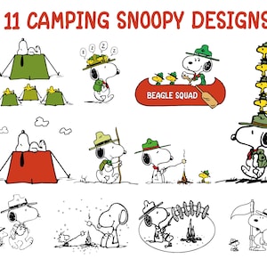 Può includere: Una collezione di 11 disegni di Camping Snoopy con il personaggio Snoopy e Woodstock in varie attività all'aperto. Le illustrazioni includono Snoopy in tenda, in canoa con il testo Beagle Squad, durante escursioni, mentre arrostisce marshmallow e impila uccellini.