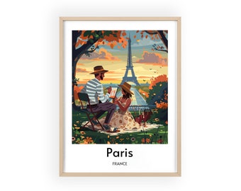 Eiffel Tower Couple Travel Poster - Romantic Paris Skyline Print, Lovers in Paris Wall Art, French Chic Decor, Perfect Engagement Gift