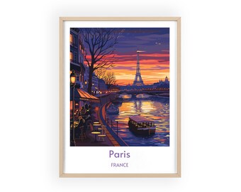 Paris Skyline Travel Poster - Eiffel Tower & Seine River Wall Art, French Capital Cityscape Print, Elegant Home Decor Gift