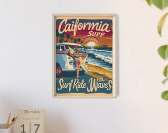 California Surfer Retro Travel Poster - Vintage Surfing Wall Art, Classic California Beach Print Coastal Home Decor Perfect Gift for Surfers